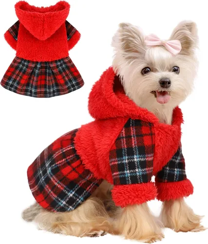 Vista 10 de Suéteres para perros pequeños para niñas, vestido de invierno para cachorros, sudadera con capucha de forro polar, ropa cálida para mascotas