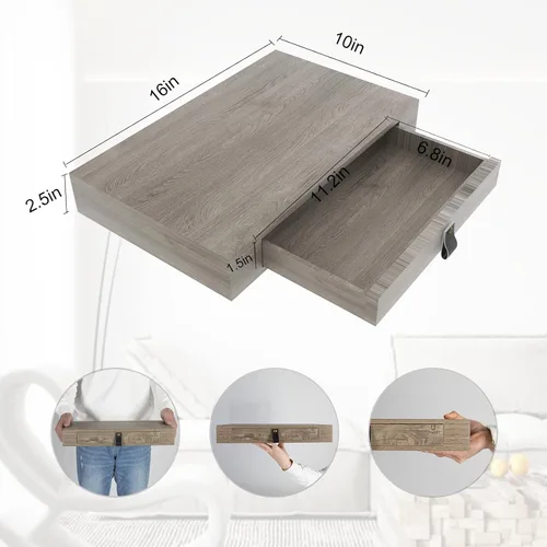 Vista 2 de Juego de 2 estantes flotantes con cajón, mesita de noche para dormitorio, baño o cocina, estante de pared de 16 pies con almacenamiento, color gris