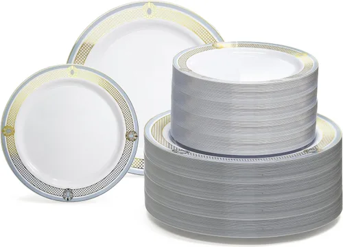 Vista 21 de OCASIONES" Paquete de 50 platos (25 invitados) - Juego de platos de plástico desechables pesados para fiestas de boda - 25 x 10.5'' cena + 25 x