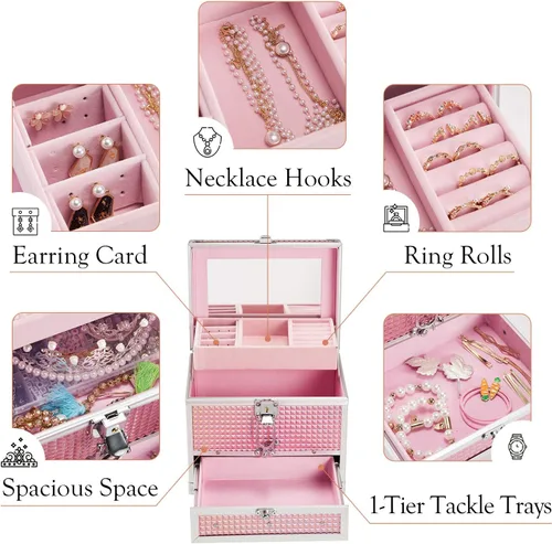 Vista 4 de Hododou Caja de maquillaje de joyería para mujer con espejo y bandeja con cerradura para cosméticos estuche de almacenamiento portátil