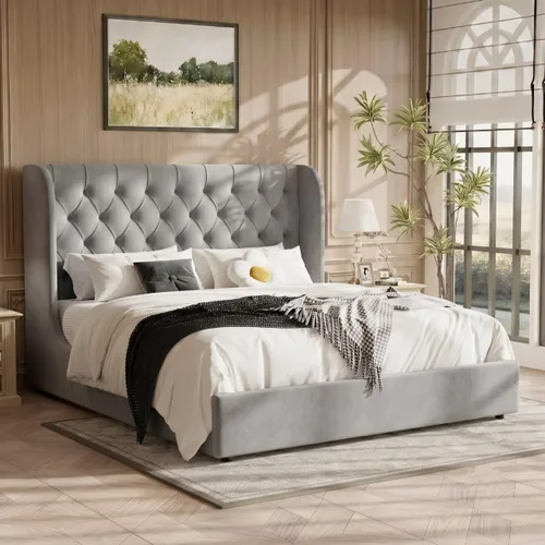 Vista 10 de HOMBCK - Marco de cama tamaño completo, base de cama tapizada en plataforma gris con cabecero, terciopelo acolchado, diseño de ala curvada, listones