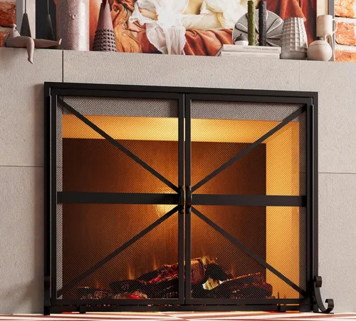 Vista 5 de Fire Beauty Pantalla de chimenea con puertas, 2 paneles hechos a mano de hierro forjado sólido malla decorativa, accesorios seguros para bebés