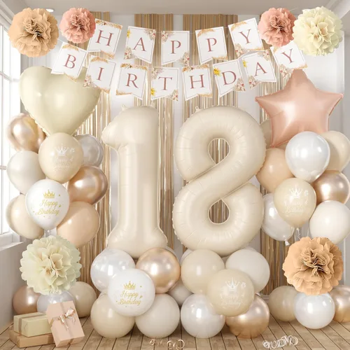 Vista 14 de Decoraciones de cumpleaños número 13 en crema para niñas, globos beige con número 13 en forma de corazón y estrella marrón, globos neutros