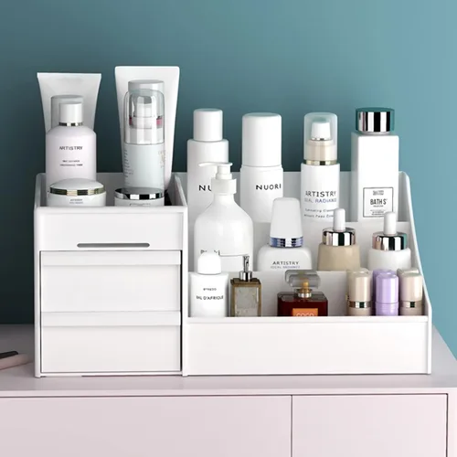 Vista 2 de Organizador de escritorio de maquillaje con cajones, organizador de cuidado de la piel para cosméticos, soporte de tocador para lápiz labial