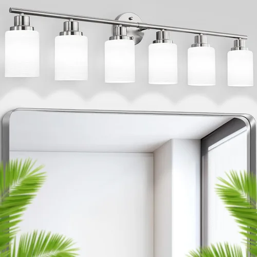 Vista 24 de Paquete de 2 luces de tocador de 1 luz, lámpara de baño de níquel cepillado con pantalla de vidrio blanco lechoso texturizado, accesorio