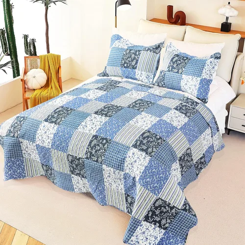 Vista 3 de Cmfshape - Juego de cama con edredón acolchado floral de verano tamaño king, juego de colcha rosa romántico, cubrecama reversible cosido para todas