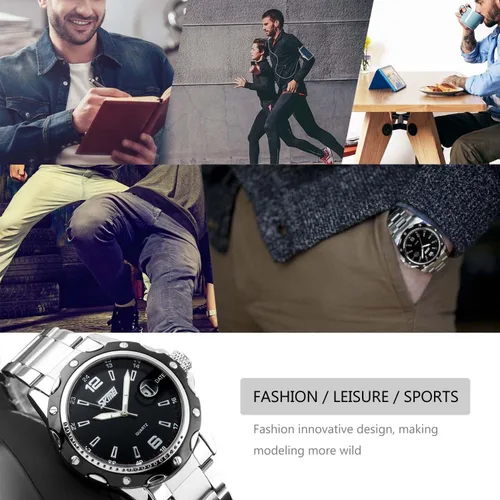 Vista 2 de cofuo Reloj analógico de cuarzo para hombre, con correa de acero inoxidable, reloj de cuarzo analógico, de lujo, para trabajo, casual, impermeable