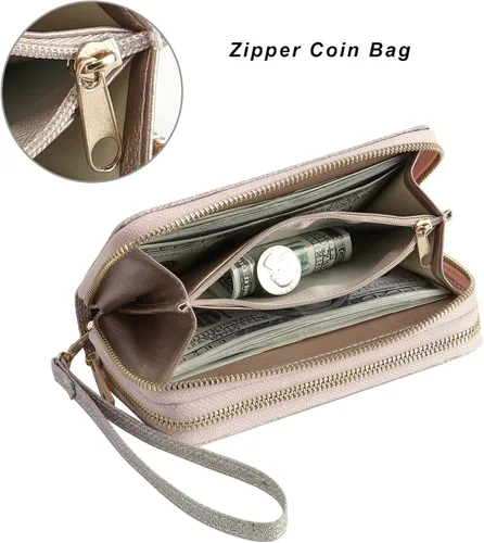 Vista 4 de HAWEE - Cartera para teléfono celular, con dos cierres y correa larga extraíble para la muñeca, para mujer
