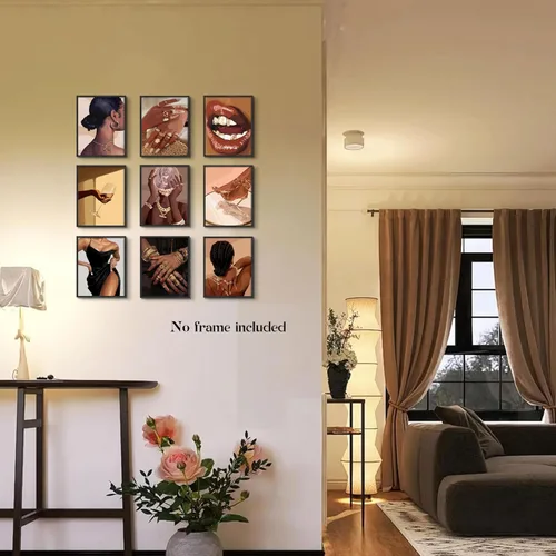 Vista 4 de WIARTSH Black Girl - Juego de 9 lienzos abstractos de mujer afroamericana, arte moderno de melanina de moda para sala de estar, dormitorio