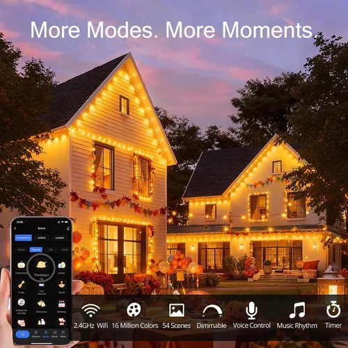 Vista 4 de Luz exterior permanente de 50 pies con 36 luces LED, luces de tejado inteligentes RGB que cambian de color, luces exteriores impermeables