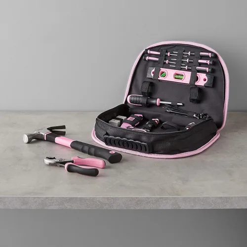 Vista 14 de Amazon Basics Juego de herramientas con bolsa redonda de fácil transporte, 104 piezas, rosa, 14.4 x 11.4 x 3 pulgadas