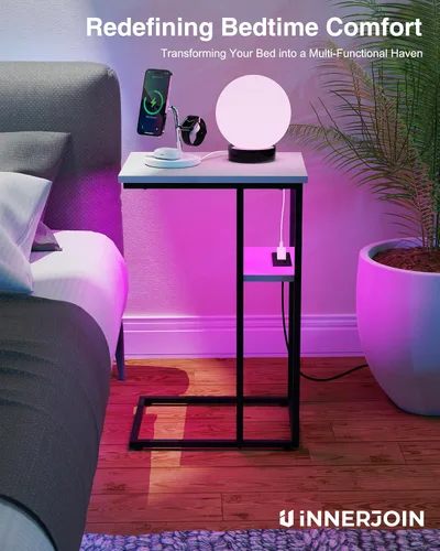 Vista 4 de Innerjoin Mesa auxiliar con estación de carga, juego de 2, mesa auxiliar en forma de C con tira de luz LED, puertos USB A y C de carga rápida, mesa