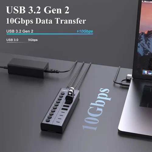 Vista 2 de FIDECO Hub USB alimentado de 60 W para laptop y PC, divisor USB de 10 puertos de 10 Gbps con adaptador de corriente de 12 V 5 A, adaptador