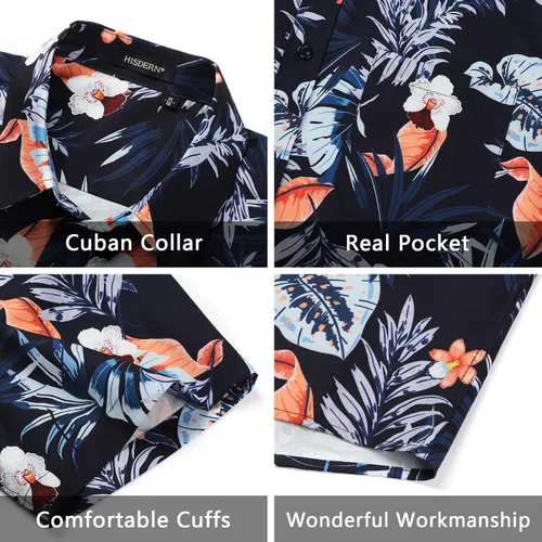 Vista 4 de Camisas hawaianas para hombre, manga corta, floral, tropical, Aloha, casual, para verano, con botones, para vacaciones, playa, con bolsillo