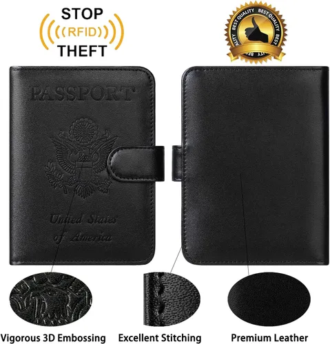 Vista 5 de Funda para pasaporte, cartera con bloqueo RFID, funda de piel para tarjetas, accesorios de viaje para mujeres y hombres, negro
