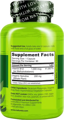 Vista 7 de NATURELO B12 vegano - Metil B12 con espirulina orgánica - Vitamina B12 de alta potencia 1000 mcg metilcobalamina - Apoya el estado de ánimo