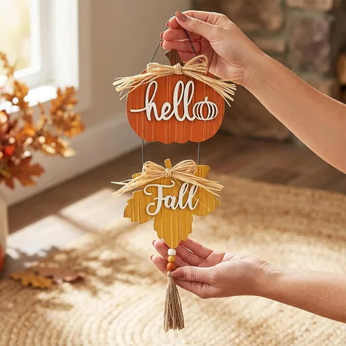 Vista 7 de Valery Madelyn Decoraciones de otoño para el hogar, decoración de pared de otoño con calabaza y hoja de arce, coronas rústicas de otoño, decoración