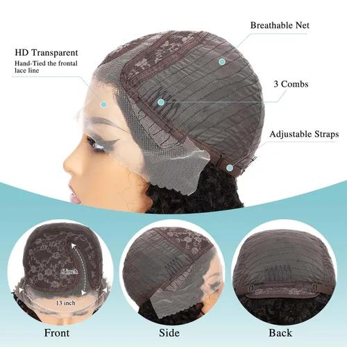 Vista 5 de Peluca de cabello humano corto con encaje frontal, rizada, sin pegamento, parte lateral, cabello humano virgen brasileño rizado con abuelitos