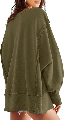 Vista 2 de Beaully Sudaderas de gran tamaño para mujer, cuello redondo, manga larga, abertura lateral, suéter casual para otoño