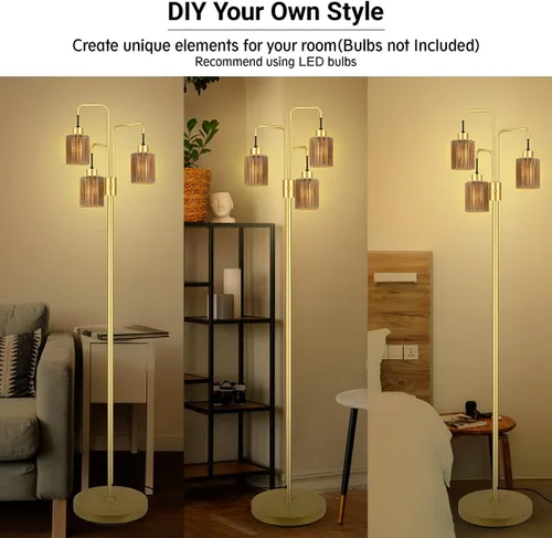 Vista 6 de Lámpara de pie industrial BoostArea para sala de estar, lámpara de pie moderna dorada con 3 luces, lámpara de pie para pararse con diseño simple