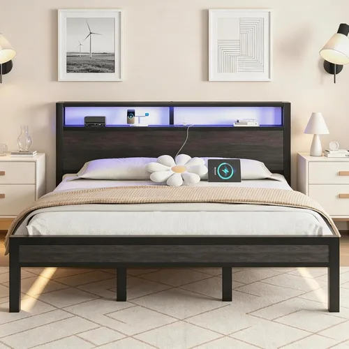 Vista 13 de LoVinson Full Size Bed Frame with Charging Station and LED Light, Metal Platform Bed with Storage Headboard, Noise Free, No Box Spring Needed, Easy
