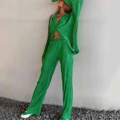 Vista 2 de Women 2 Piece Linen Pants Set Summer Casual Outfits Long Sleeve Button Down Shirt High Waist Pants Loungewear Streetwear