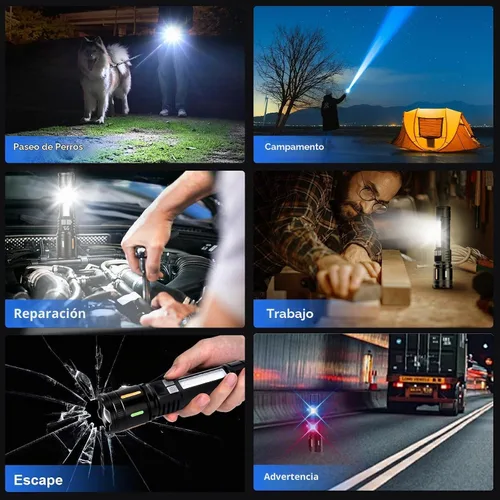 Vista 6 de Linterna recargable de lúmenes altos 900,000L, linternas LED portátiles súper brillantes, 5 modos, luz táctica potente con luz lateral Cob, USB C