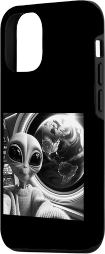 Vista 2 de iPhone 14 lindo alienígena divertido negro y blanco selfie UFO Earth caso
