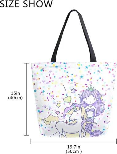 Vista 5 de SUABO Bolsa de asas de cocina reutilizable para comestibles, bolsa de compras de lona para exteriores Unicornio Sirena Chica