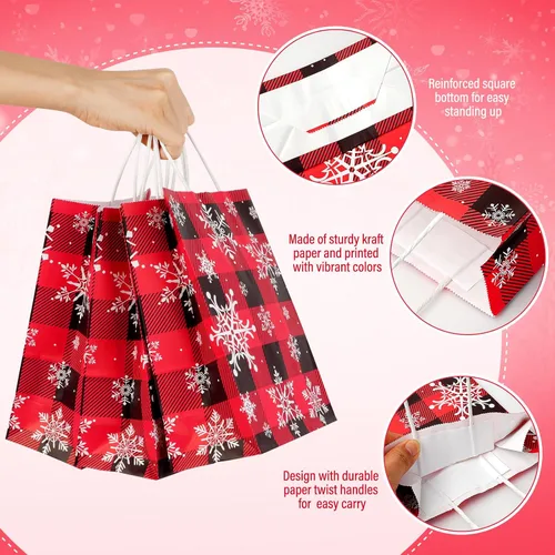 Vista 3 de Paquete de 32 bolsas de regalo de fiesta de copo de nieve de Navidad, bolsas de regalo a cuadros rojos y negros con tejido blanco, bolsa de papel