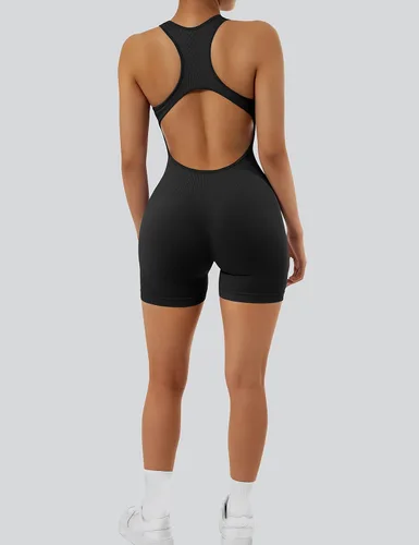 Vista 4 de RXRXCOCO Overol sexy de yoga sin mangas para mujer, overol corto de una pieza, cuello redondo profundo, espalda descubierta, bodycon