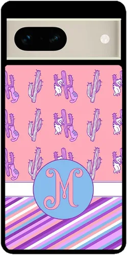 Vista 2 de Cats Cactuses Pin Stripes - Funda de goma negra con inicial personalizada compatible con Google Pixel 10, 10 Pro, 10 Pro XL, 9a, 9 Pro, Pixel 9