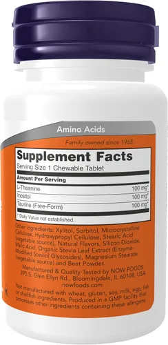 Vista 2 de NOW Suplementos, L-Teanina 100 mg con Inositol y Taurina, Manejo de la Tensión*, 90 Masticables