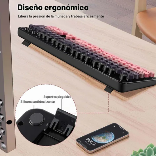 Vista 3 de Kootop - Combo de teclado y mouse inalámbrico, teclado retro colorido lindo con 104 teclas, teclas redondas estilo máquina de escribir para PC