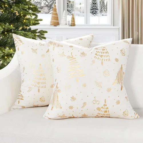 Vista 10 de Topfinel Juego de 2 fundas de almohada de Navidad de 12 x 20 pulgadas, fundas de almohada lumbar doradas, fundas de almohada lumbar, fundas de Crema