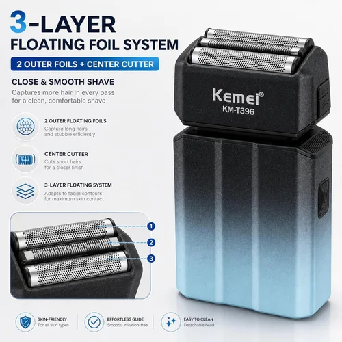 Vista 2 de Kemei KM-T396 - Afeitadora eléctrica para hombres con 3 cuchillas flotantes, afeitadora eléctrica inalámbrica recargable de 7500 RPM para hombre