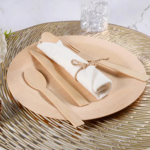 Vista 6 de Juego de servilletas y cubiertos de bambú preenrollados, paquete de 100 utensilios de bambú/cubiertos compostables