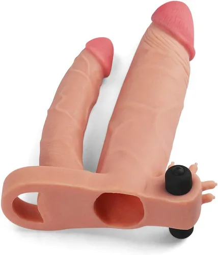 Vista 5 de Honeypleasures - Extensor de manga de doble pene de 1 pulgada extra y bucle de bola con estimulador vibratorio de clítoris, doble penetración DP