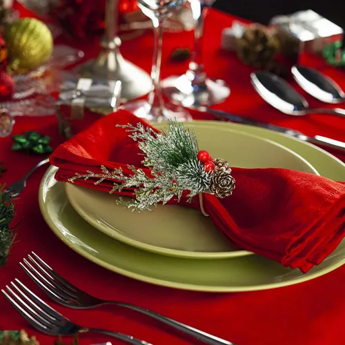 Vista 2 de 12 servilleteros de Navidad, servilleteros de pino nevado con bayas rojas, hebilla de servilleta de bayas para Navidad, boda, cena, mesa, reunión