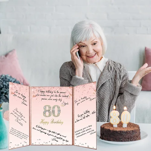 Vista 4 de Crenics Decoraciones de oro rosa para cumpleaños n.° 80, alternativa creativa de libro de inicio de sesión de invitada de 80 cumpleaños, libro