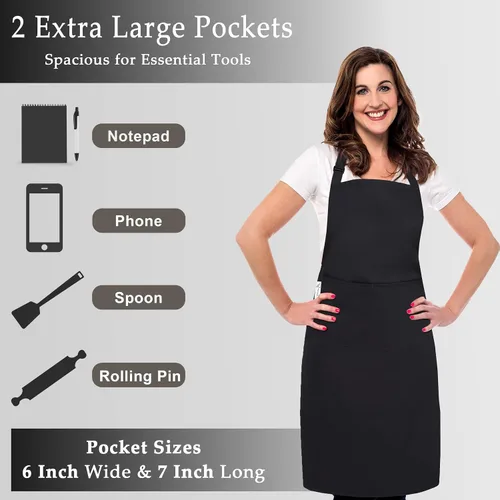 Vista 4 de RUVANTI Delantales de trabajo para hombres y mujeres con bolsillos, ajustables hasta XXL, durabilidad de grado profesional, delantal negro