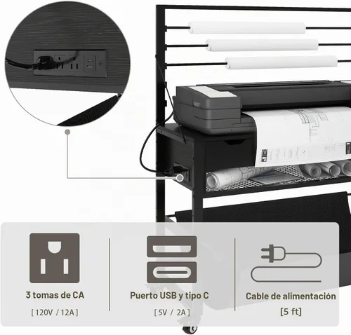 Vista 8 de Soporte para impresora de formato ancho Natwind, mesa de trabajo para plotter con almacenamiento extraíble para planos, soporte para papel en rollo
