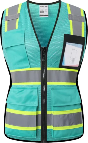 Vista 15 de Chaleco de seguridad para mujer, chaleco de alta visibilidad con 8 bolsillos y cremallera frontal, chaleco reflectante de malla que cumple