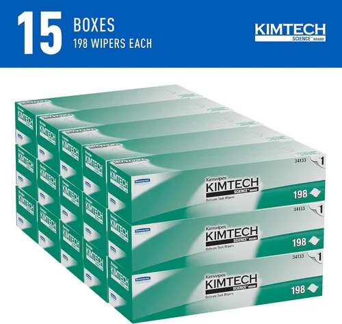 Vista 2 de Kimtech Science Kimwipes - Limpiaparabrisas desechables de 11-4/5 x 11-4/5 pulgadas 34133, paquete de 15, 2940 toallitas Caja emergente, hojas
