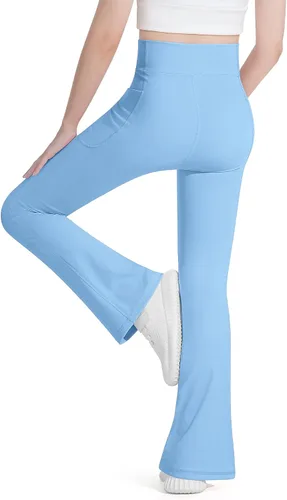 Vista 2 de HASMES Leggings acampanados para niñas con bolsillos, parte inferior acampanada, cintura alta, pantalones de yoga para danza, ropa deportiva