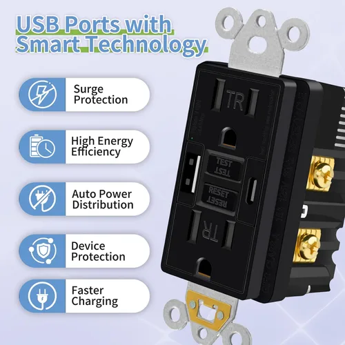 Vista 5 de Toma GFCI negra de 15 amperios con puertos USB C y USB-A, 1 unidad de 24 W de autotprueba GFCI USB Combo con indicador LED, resistente a
