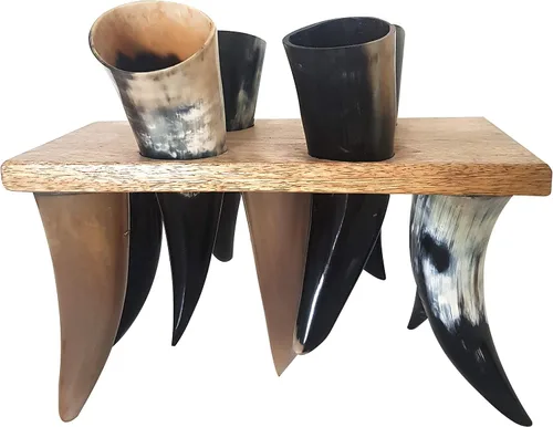 Vista 5 de Juego de 4 cuernos vikingos antiguos, copas Mead & Ale con soporte de madera, cáliz nórdicos medievales para fiestas, festivales, bar en casa