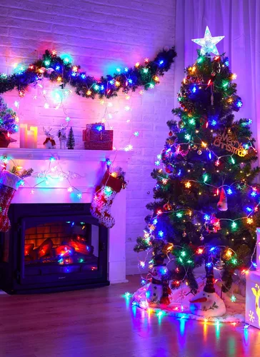 Vista 5 de Brightown Luces de Cadena de Copos de Nieve para Exteriores, 50 LED 26 Pies Luces de Navidad Multicolor con Funcionamiento a Batería, 8 Modos