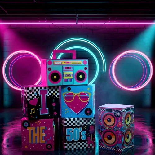 Vista 6 de Amyhill 6 piezas de decoraciones grandes de fiesta de los años 50, juego de recuerdos de hip hop, cajas de fiesta de papel, decoración temática