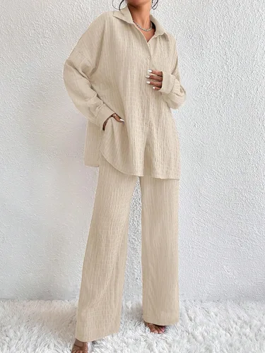 Vista 4 de Conjunto de pantalones para mujer, 2 piezas, casual, de manga larga, con botones, ropa de descanso